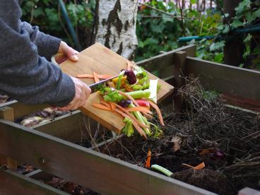 Personne déposant des légumes dans un composteur avec des gants ©Adobe Stock - Skórzewiak